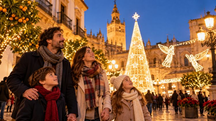 Familia disfrutando de las luces de Navidad en Andalucía durante una escapada con niños