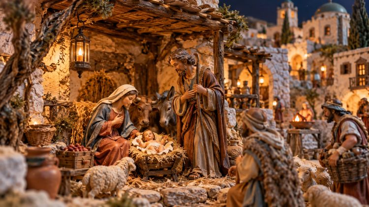 Belén tradicional andaluz con figuras artesanales y escenas del nacimiento de Jesús